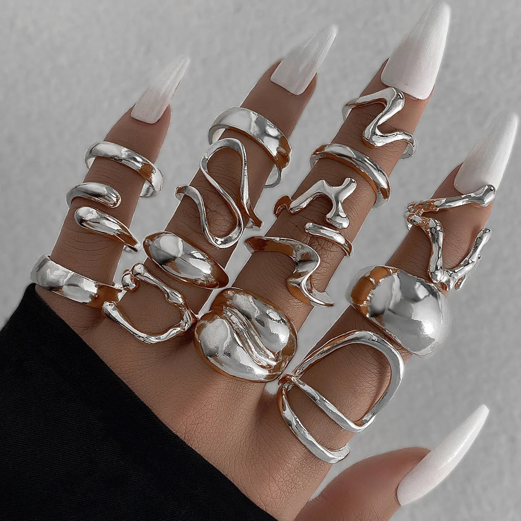 Bagues lisses en métal pour femmes et hommes, lignes irrégulières exagérées, gouttelettes d'eau, Punk rétro Boho, bijoux à la mode, cadeau, 15 pièces/ensemble