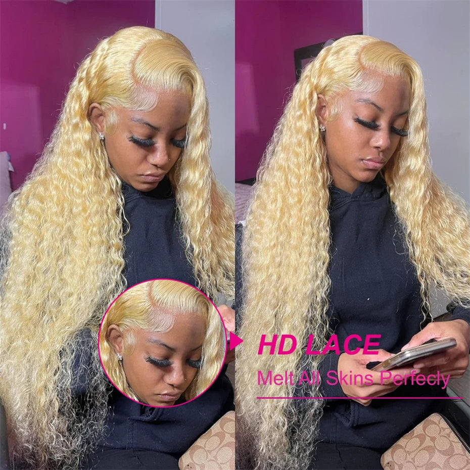 Perruque Deep Wave Blonde 613 en Cheveux Humains Brésiliens – Lace Frontale HD 13x6 ou 13x4 – Pré-épilée avec Ligne de Cheveux Naturelle – Disponible en 36 et 40 Pouces