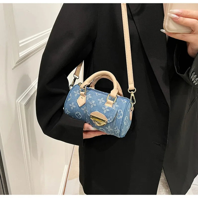Sacs en jean tendance pour femmes, sacs bandoulière élégants et polyvalents, sacs à main cylindriques ronds à la mode
