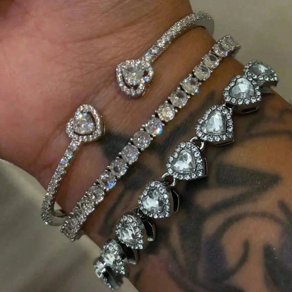 Yupsk Ensemble de bracelets tennis à strass géométriques en forme de cœur, style Hip Hop, pour femmes et hommes, bijoux empilables tendance punk urbain