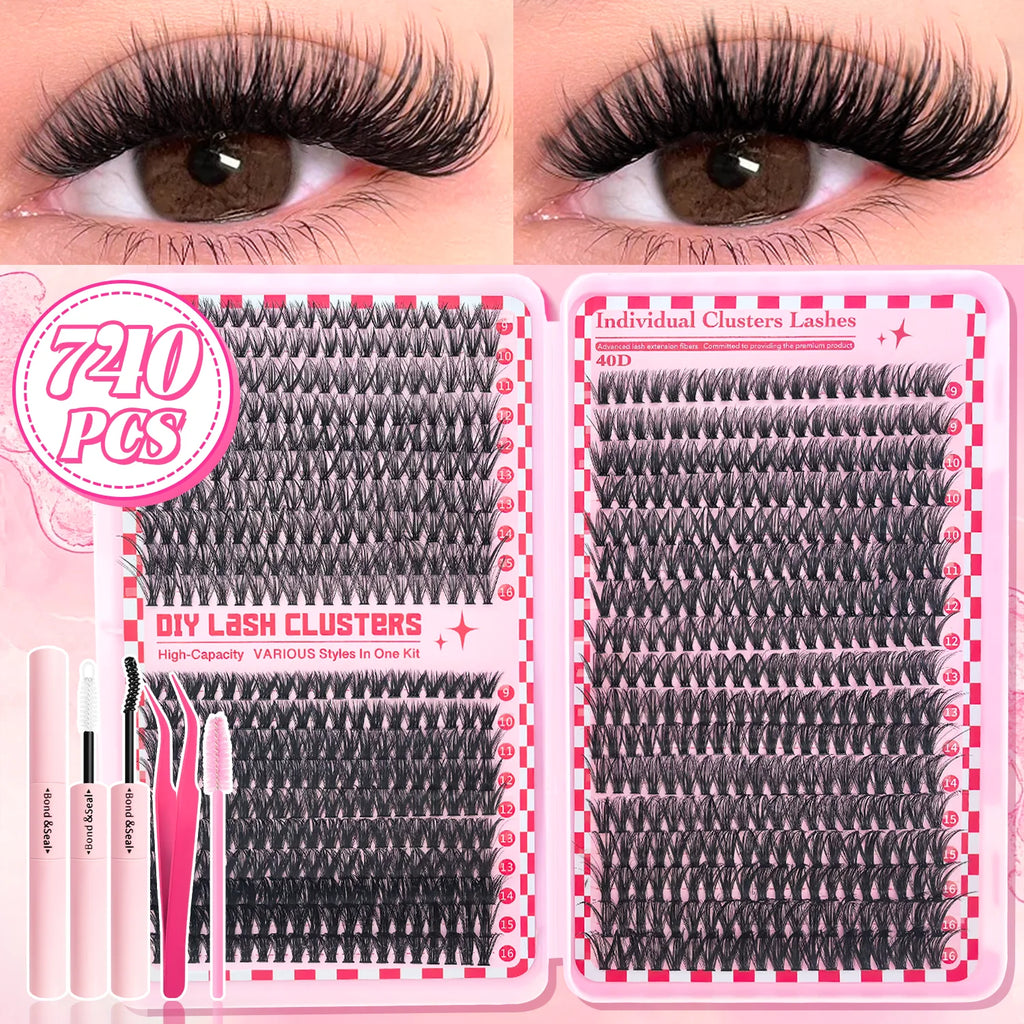 Kit de bouquets de faux cils 740/800 pièces – Longueurs mixtes pour extensions de cils ultra-légères et résistantes à l’eau. Permet de créer un look naturel pour le maquillage quotidien ou un effet glamour plus intense et sophistiqué.