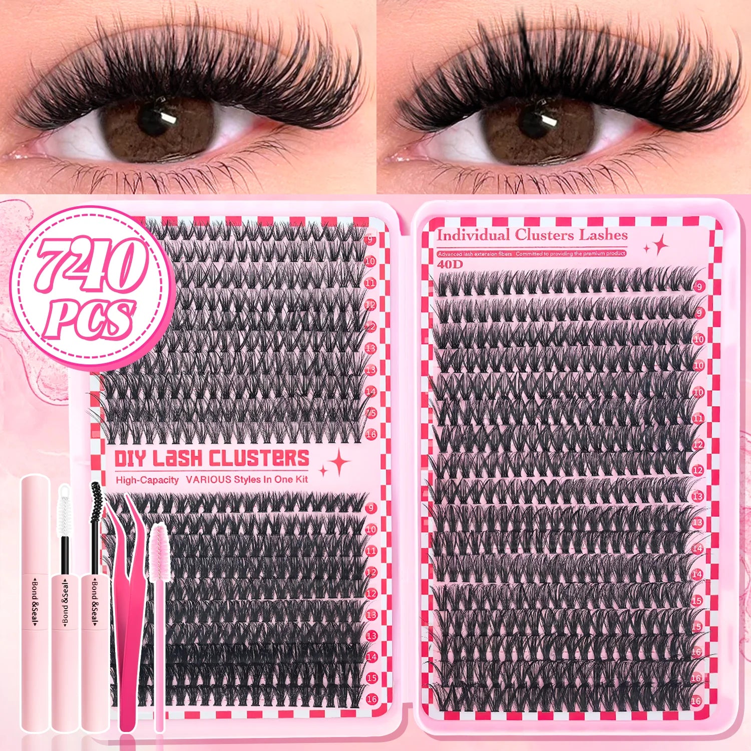 Kit de bouquets de faux cils 740/800 pièces – Longueurs mixtes pour extensions de cils ultra-légères et résistantes à l’eau. Permet de créer un look naturel pour le maquillage quotidien ou un effet glamour plus intense et sophistiqué.