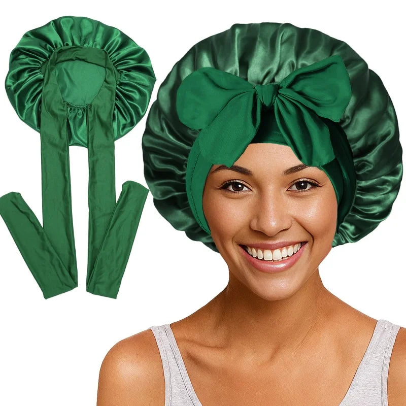 Nouveau bonnet de nuit en satin uni avec bande élastique extensible à nouer pour femmes, bonnet de douche ajustable, bonnet/turban pour couvrir les cheveux.