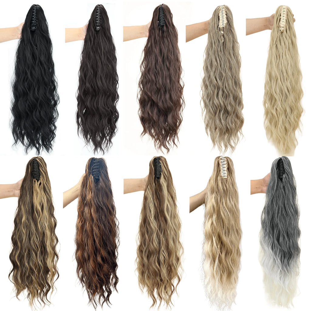 Queue de cheval synthétique ondulée effet Water Wave à pince, noire ou blonde, en fibre résistante à la chaleur, volumineuse et légèrement décoiffée, extension de cheveux pour femmes.