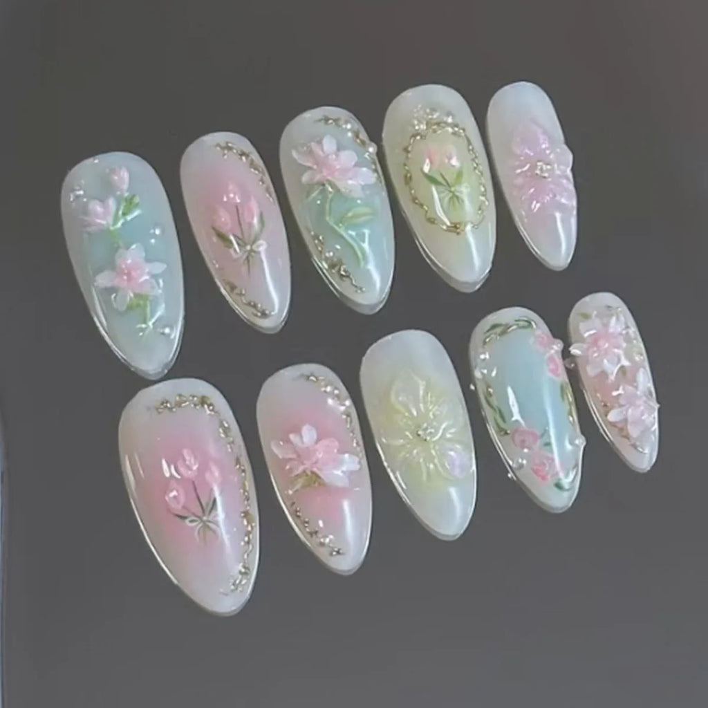 24 pièces mi-long doré amande ongles ensemble presse sur 3D fleur dégradé rose couverture complète faux ongles conseils perle réutilisable faux ongles