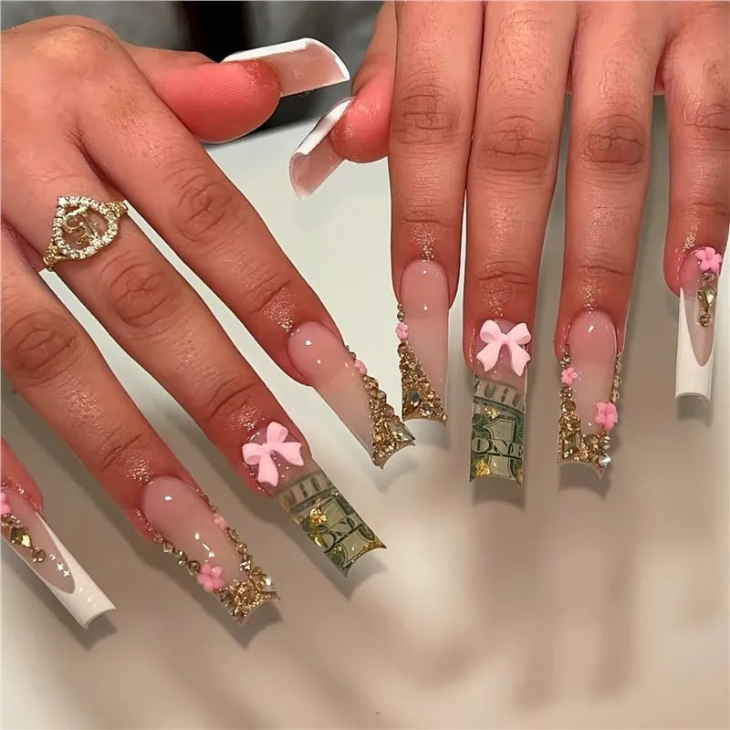 24 pièces – faux ongles longs carrés style français, design cœur 3D, ongles press-on avec strass, motif décoratif, faux ongles portables pour nail art