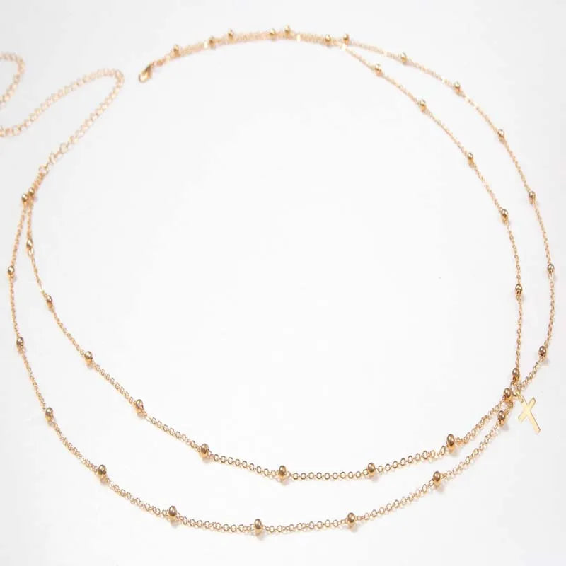 Chaîne de taille perlée Double couche pour femmes, Simple, couleur or, croix ronde en métal, chaîne de corps, accessoires de bijoux pour Bikini
