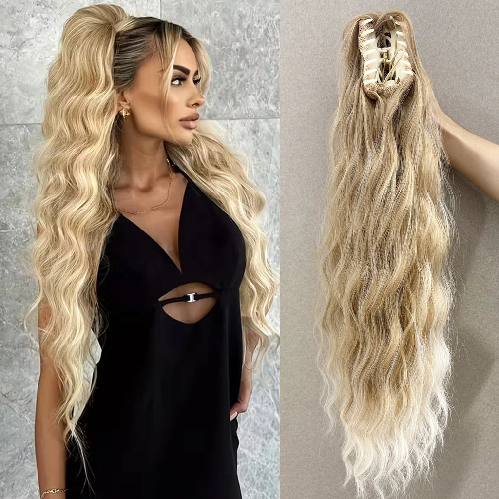 Queue de cheval synthétique ondulée effet Water Wave à pince, noire ou blonde, en fibre résistante à la chaleur, volumineuse et légèrement décoiffée, extension de cheveux pour femmes.