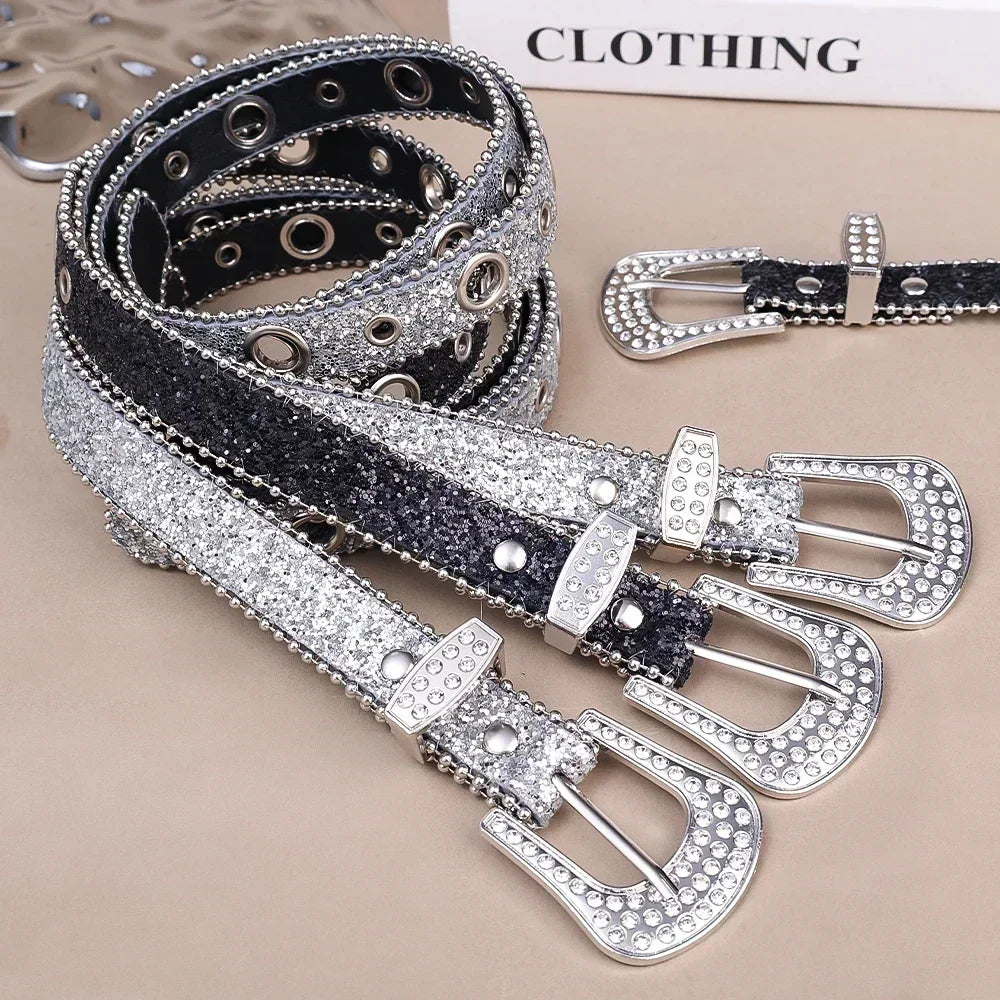 Ceinture femme mode Y2K – imprimé uni, cloutée, entièrement ornée de strass, en cuir PU, brillante style cristal, réglable, ceinture scintillante pour club et soirée