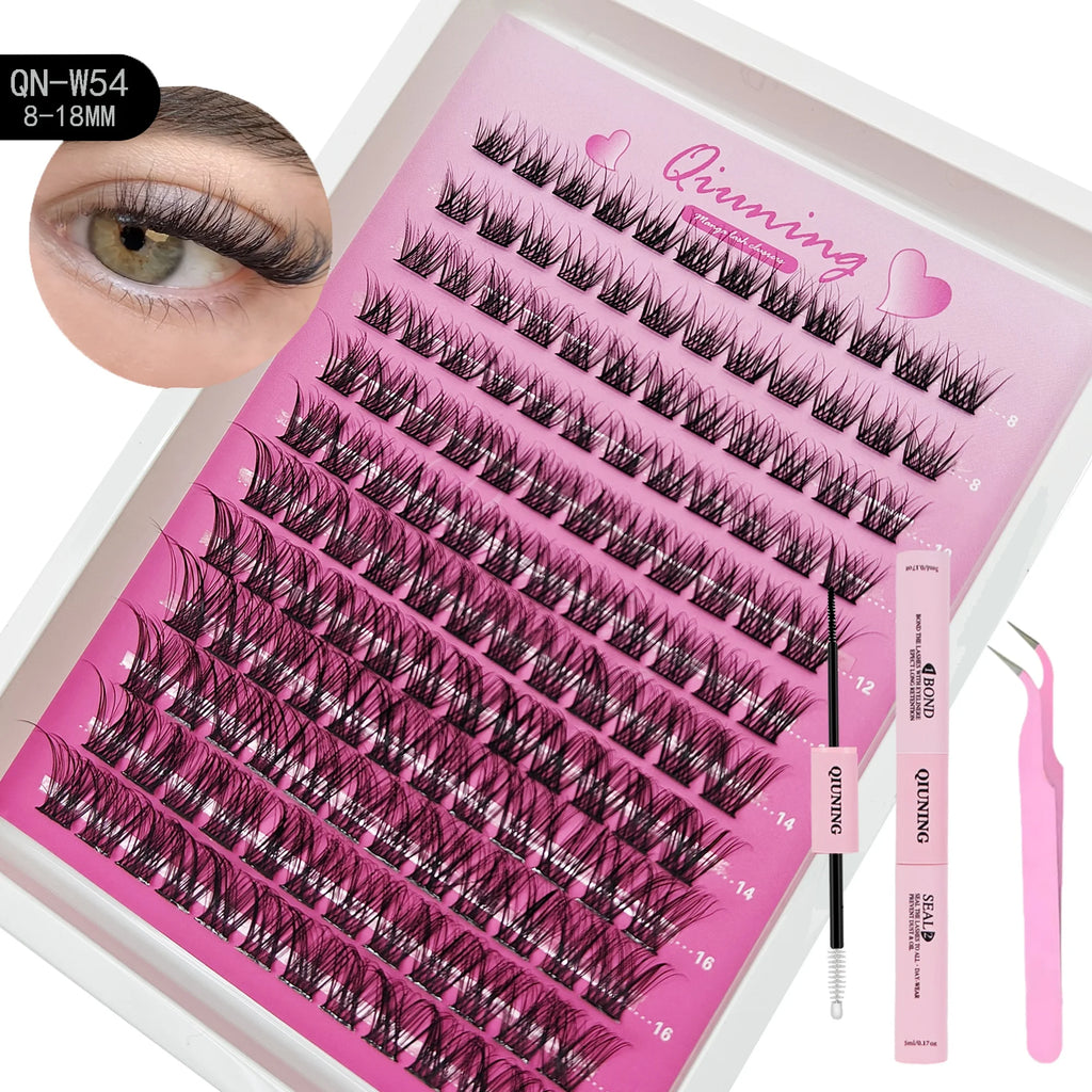 Kit de bouquets de cils type manga QIUNING (cils “cat eye”) avec colle et fixateur pour extensions de cils en grappes, plateau mixte de bouquets de cils.