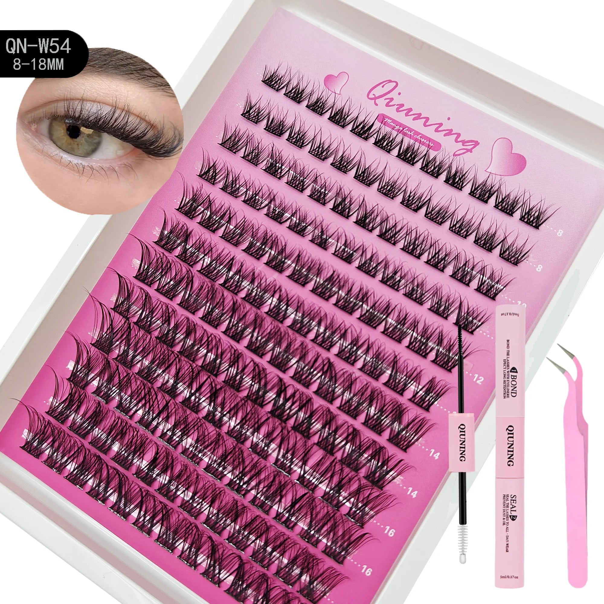 Kit de bouquets de cils type manga QIUNING (cils “cat eye”) avec colle et fixateur pour extensions de cils en grappes, plateau mixte de bouquets de cils.