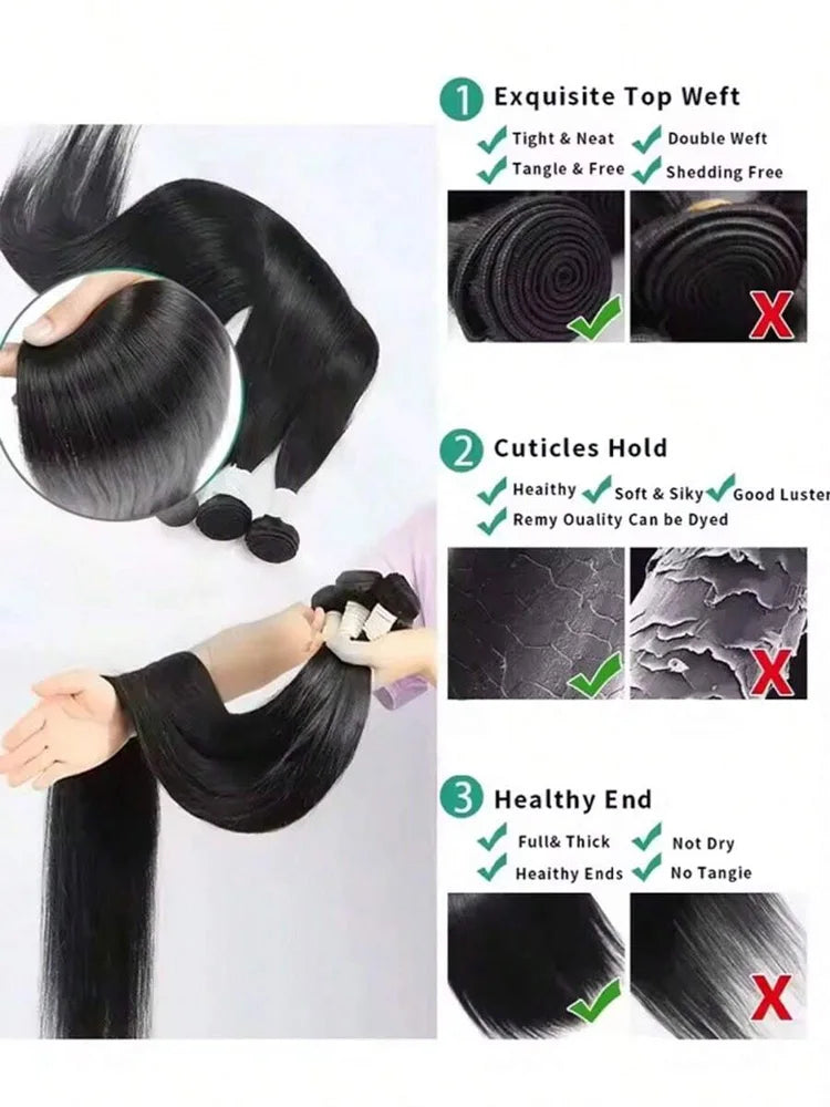 Tissages cheveux humains brésiliens lisses – mèches brutes (bundles), extensions pour femme, 42 pouces, texture droite (bone straight)