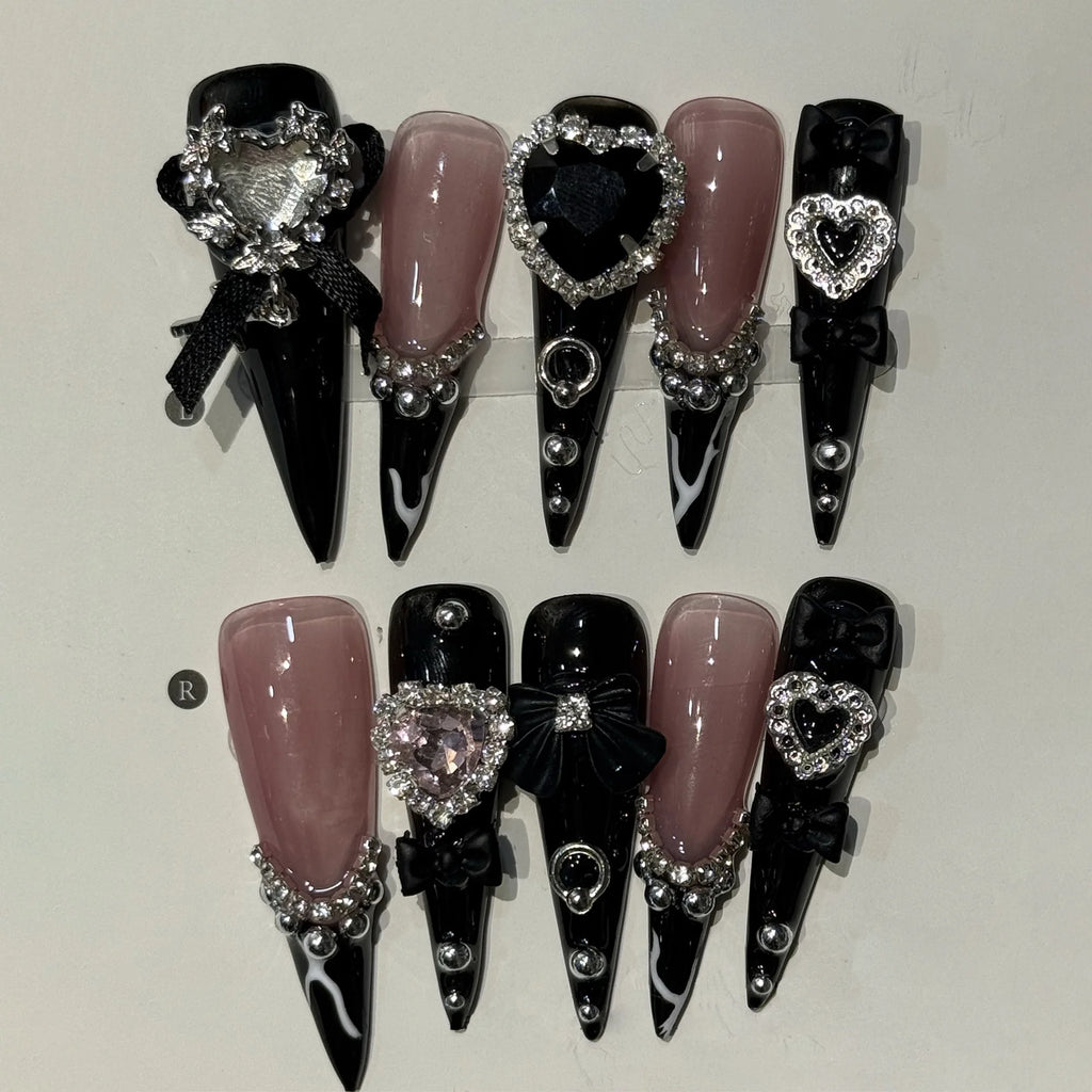 10 faux ongles longs stiletto roses avec nœud papillon, à presser, camélia blanc, détachables, avec strass scintillants pour nail art