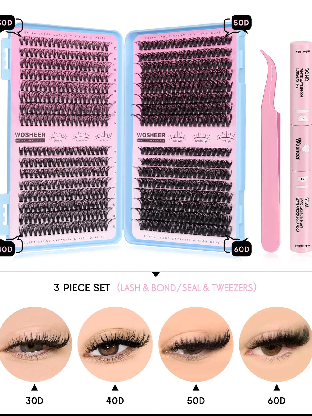 Kit de bouquets de faux cils – Extensions de cils individuelles en bouquets, effet volumineux et léger, plateau de tailles mixtes, avec colle et fixateur pour cils (Lash Bond & Seal) ainsi qu’une pince applicatrice incluse.