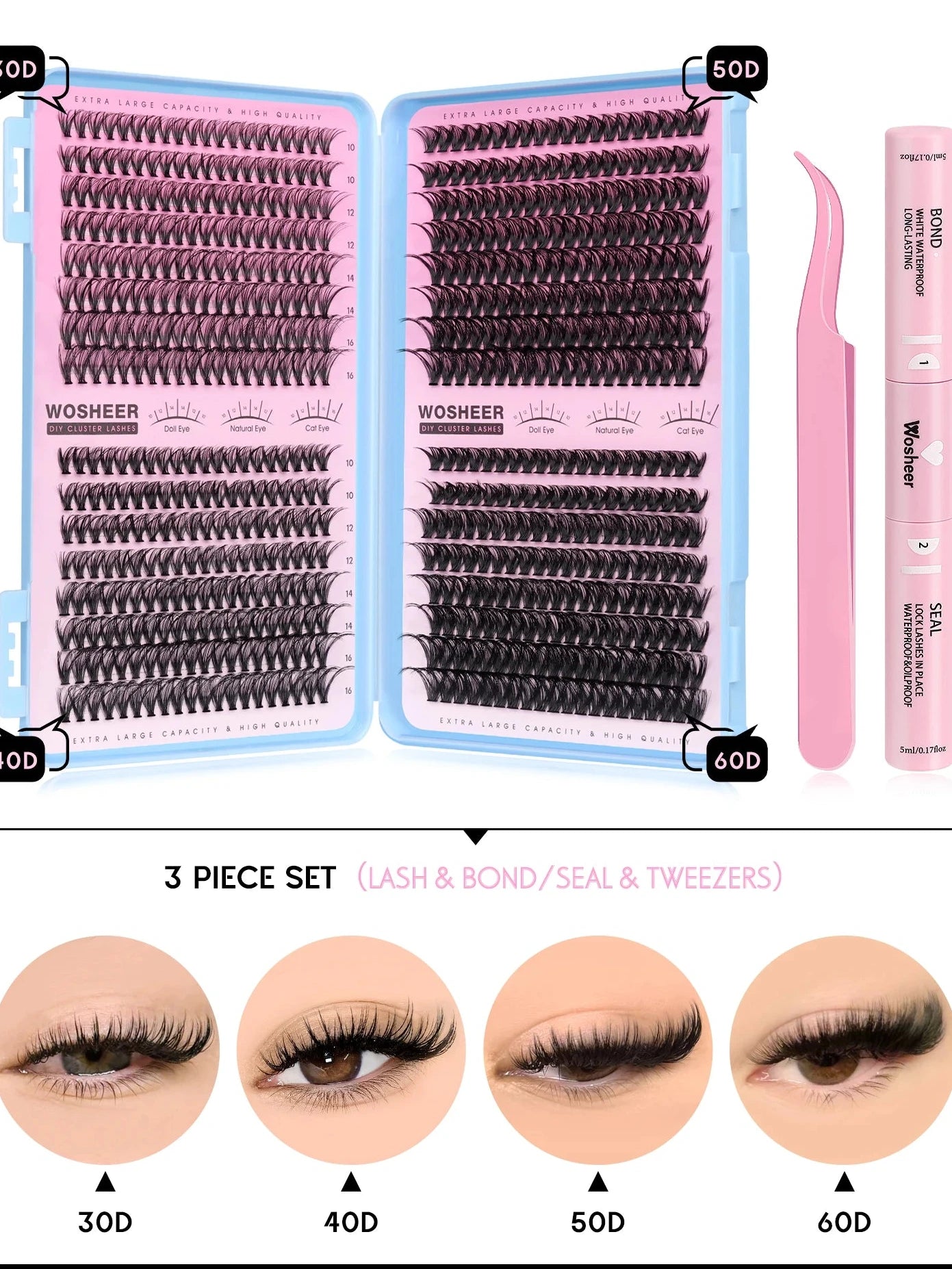 Kit de bouquets de faux cils – Extensions de cils individuelles en bouquets, effet volumineux et léger, plateau de tailles mixtes, avec colle et fixateur pour cils (Lash Bond & Seal) ainsi qu’une pince applicatrice incluse.