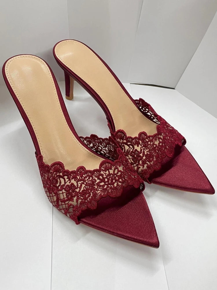 Sandales à talons hauts pour femmes, chaussures brodées en dentelle, mules sexy et confortables, chaussures de banquet, été, nouveau