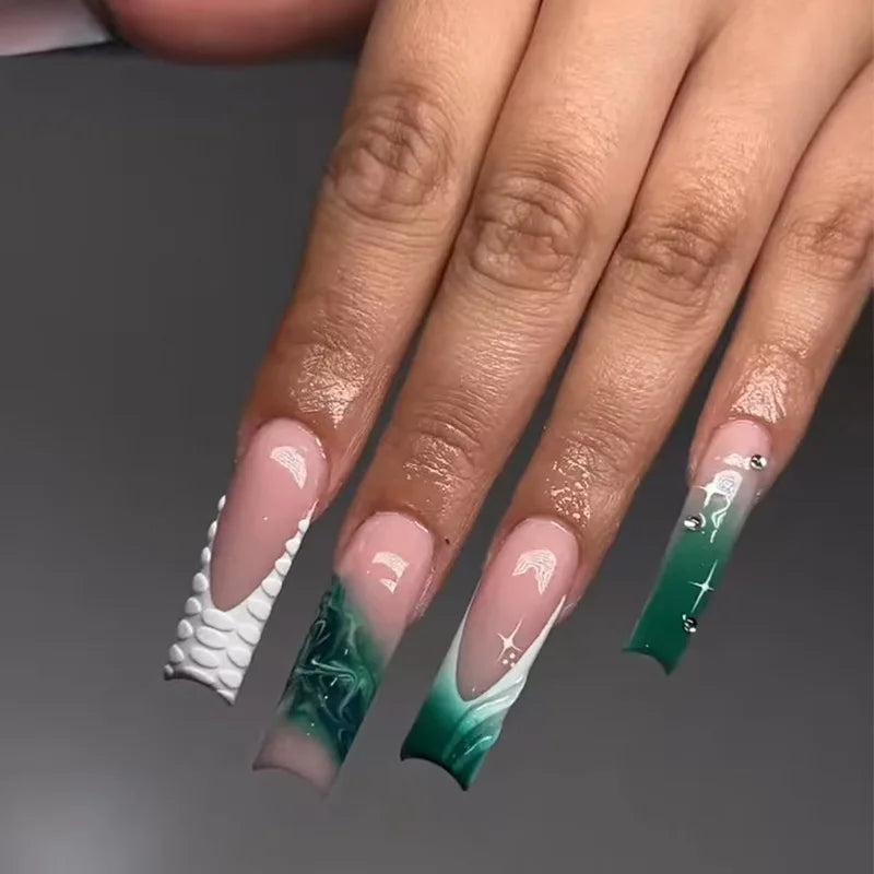 24 faux ongles longs carrés à presser, motif léopard, design cerise 3D, strass, couvrance totale, prêts à poser