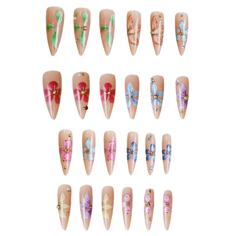 Faux ongles 3D pour femmes et filles, dégradé de fleurs en relief marron bleu avec strass, pointes d'amande d'automne et d'hiver à pression sur les faux ongles