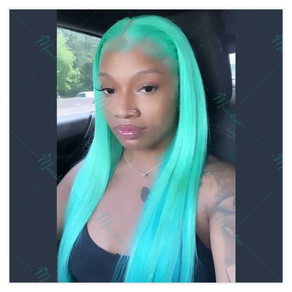 Perruque Verte 13x6 HD Lace Frontal – Cheveux Humains Vietnamiens Bruts Lisses Colorés pour Femme, Ligne Frontale Pré-Pluckée avec Baby Hair