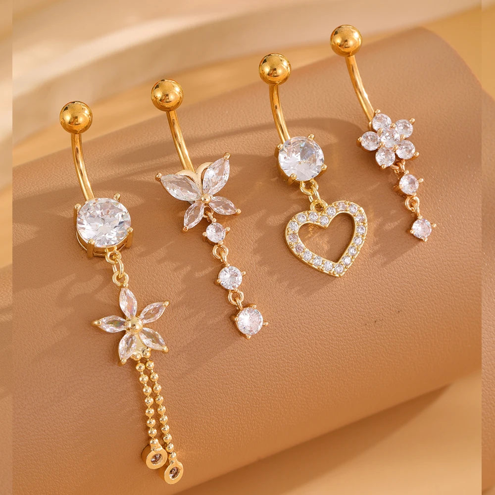 3-5 pièces ensembles de styles mixtes coeur fleur balancent nombril anneaux en acier inoxydable papillon incurvé Zircon ventre Piercing nombril anneau