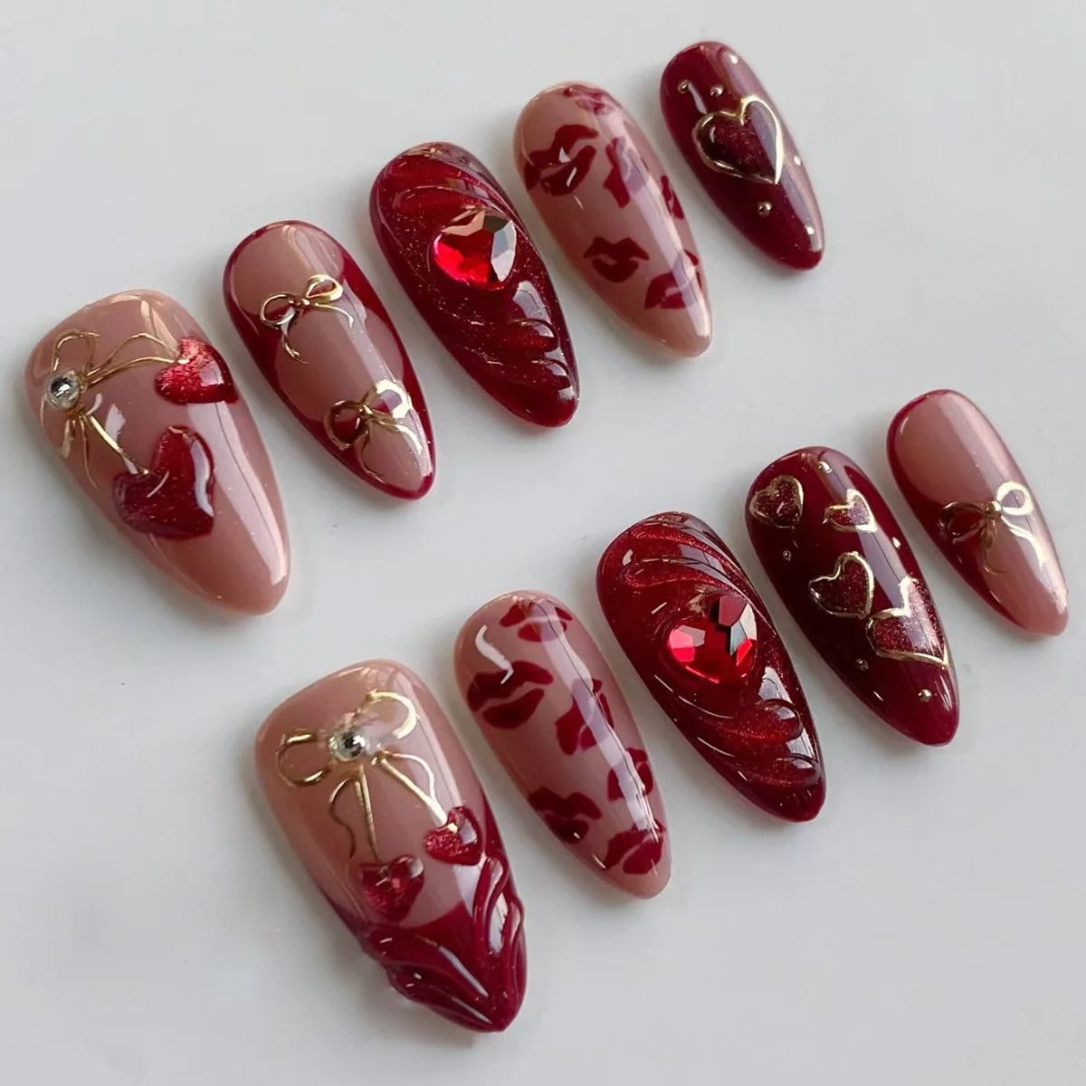 24 pièces mi-long doré amande ongles ensemble presse sur 3D fleur dégradé rose couverture complète faux ongles conseils perle réutilisable faux ongles