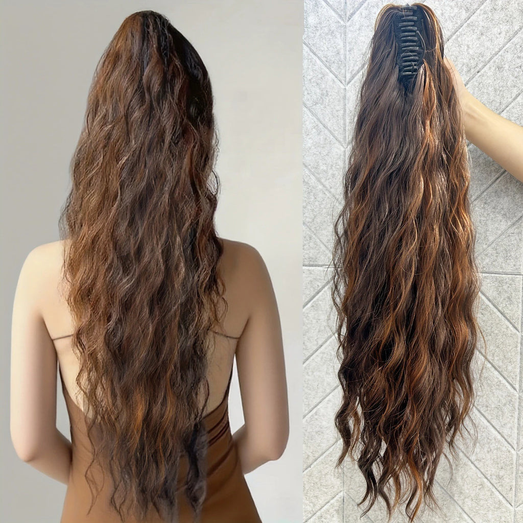 Queue de cheval synthétique ondulée effet Water Wave à pince, noire ou blonde, en fibre résistante à la chaleur, volumineuse et légèrement décoiffée, extension de cheveux pour femmes.
