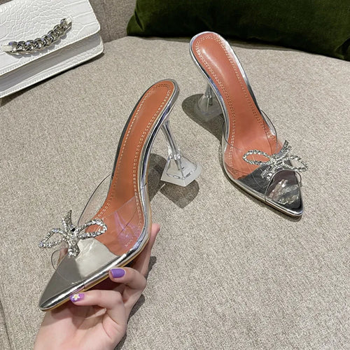 Grande taille 35-45, mules transparentes en PVC avec strass et nœud, élégantes sandales à talons hauts pour femmes, chaussures d’été tendance, sandales et mules à enfiler.