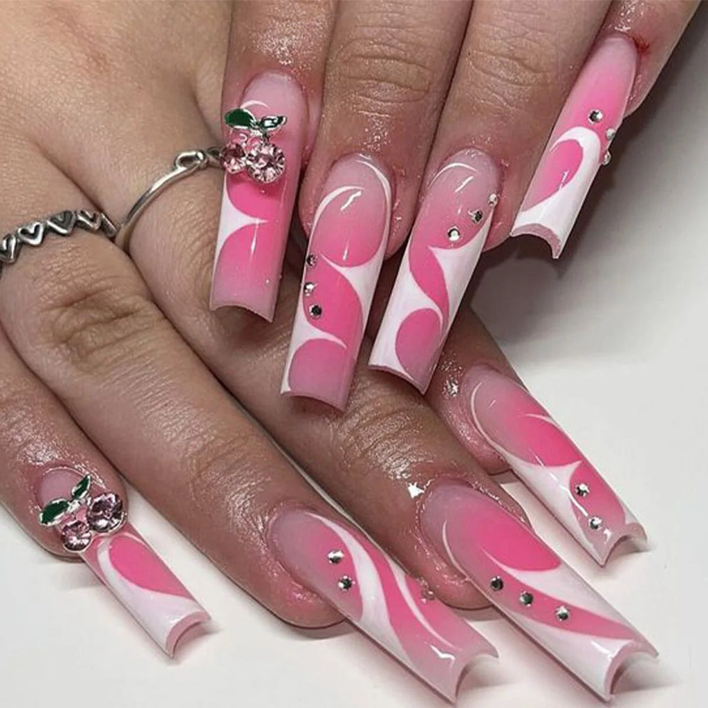 24 pièces – faux ongles longs carrés style français, design cœur 3D, ongles press-on avec strass, motif décoratif, faux ongles portables pour nail art