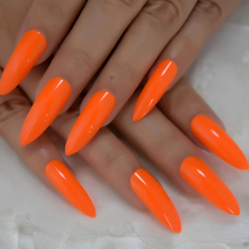 Faux ongles néon extrêmement longs, Orange vif, à pression, Style carnaval, décoration, conseils de manucure, pour Salon de manucure, 24