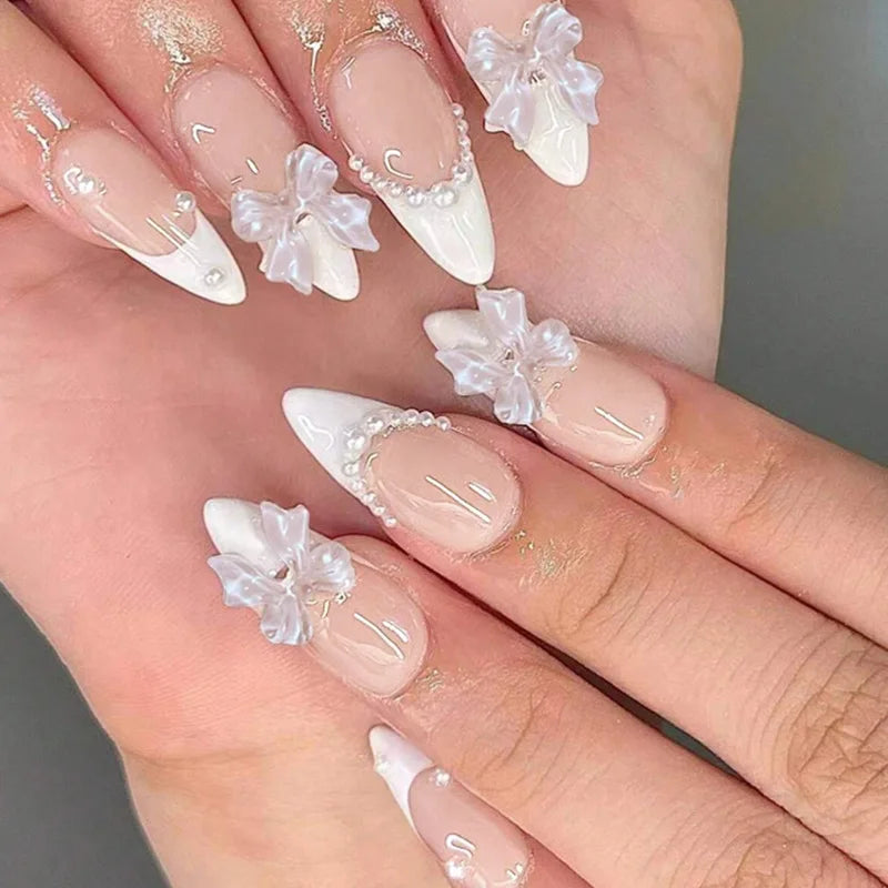 24 pièces doux oeil de chat français presse sur ongles diamant pointu tridimensionnel nœud papillon portable ongles pour femmes et fille amande ongles