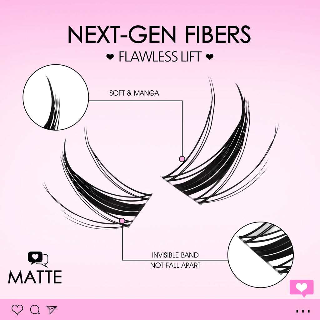 Kit de bouquets de cils type manga QIUNING (cils “cat eye”) avec colle et fixateur pour extensions de cils en grappes, plateau mixte de bouquets de cils.