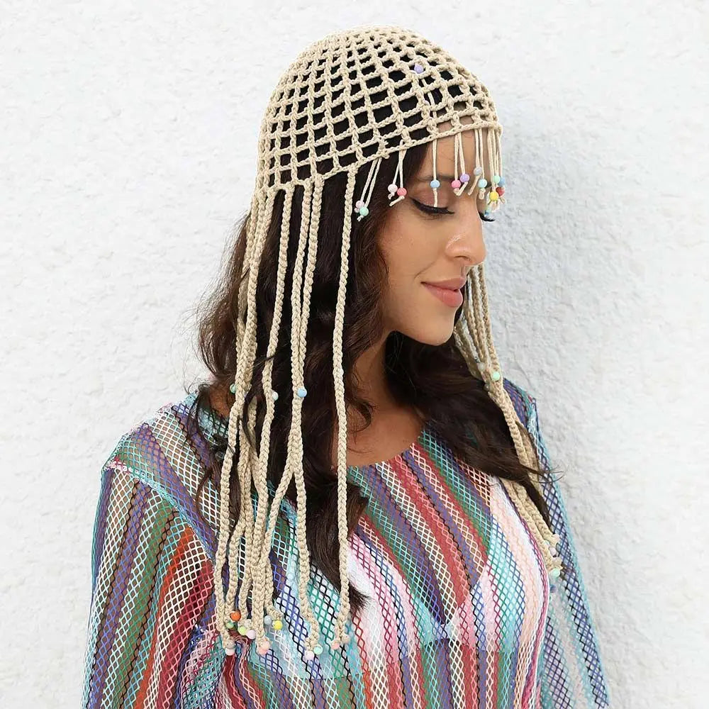 Chapeau tricoté ajouré respirant, béret Y2k fait à la main avec perles et pompons, chapeaux décontractés au Crochet pour femmes