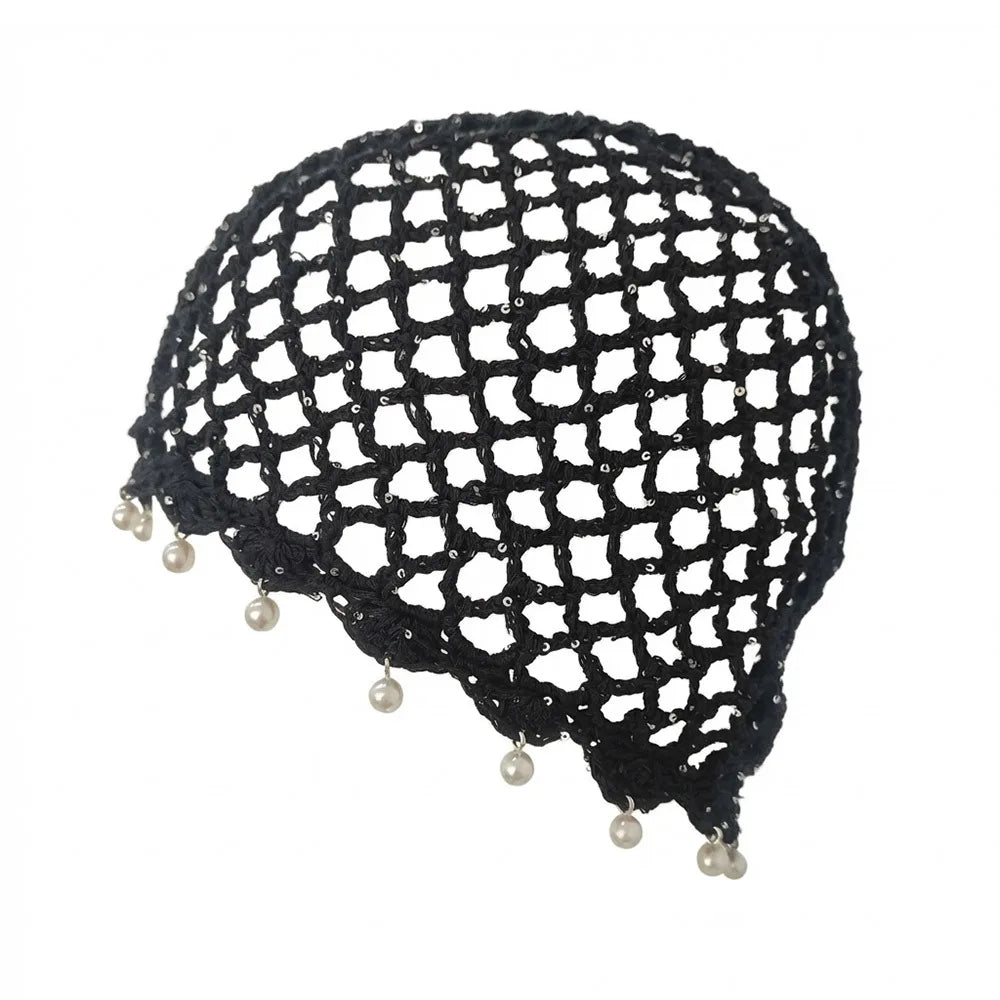 Bonnet en crochet ajouré tressé respirant avec perles et franges, style rétro, pour femme, été