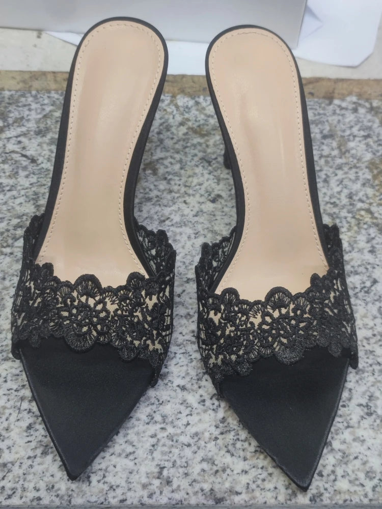 Sandales à talons hauts pour femmes, chaussures brodées en dentelle, mules sexy et confortables, chaussures de banquet, été, nouveau