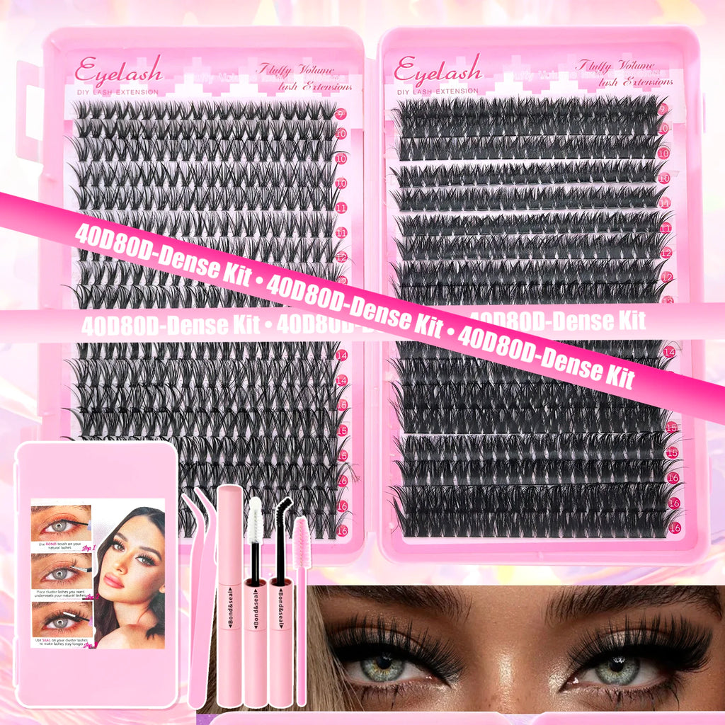 Kit d’extensions de cils DIY en bouquets – Faux cils individuels à poser soi-même, longueurs de 9 à 16 mm. Effet léger et naturel (wispy). Kit complet incluant colle (bond) et fixateur (seal) pour une meilleure tenue des cils