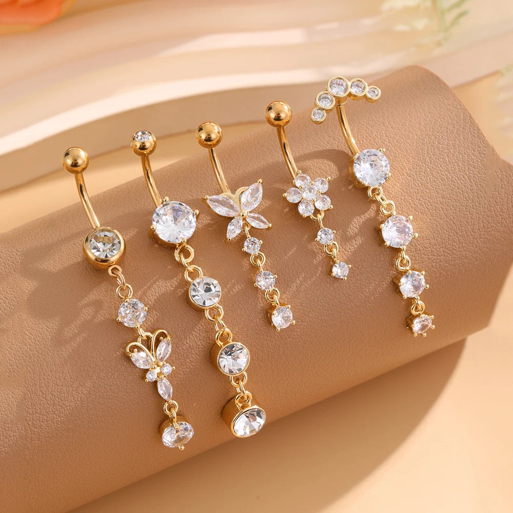 3-5 pièces ensembles de styles mixtes coeur fleur balancent nombril anneaux en acier inoxydable papillon incurvé Zircon ventre Piercing nombril anneau