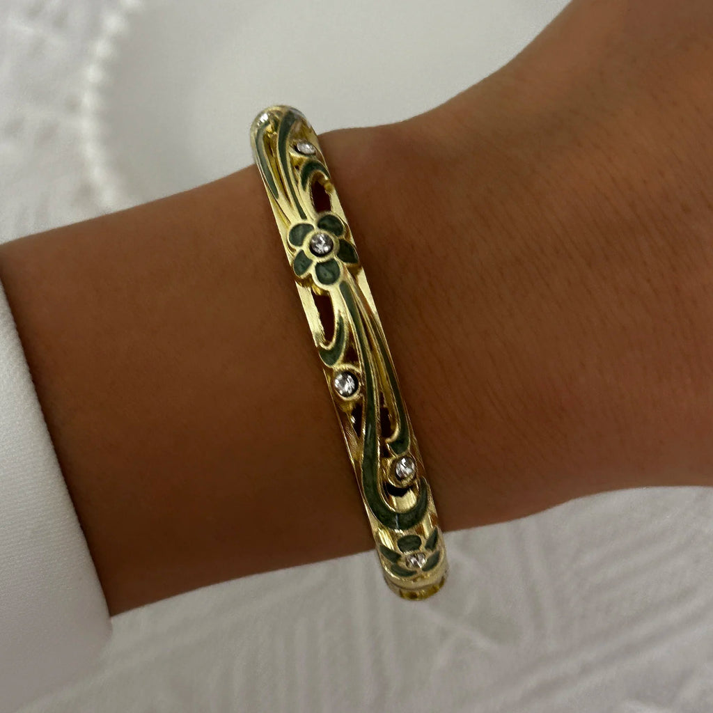 Bracelet élégant en émail goutte d'eau à texture florale pour femme, plaqué or rétro, avec zircon floral et motif œil porte-bonheur, bijou de fête