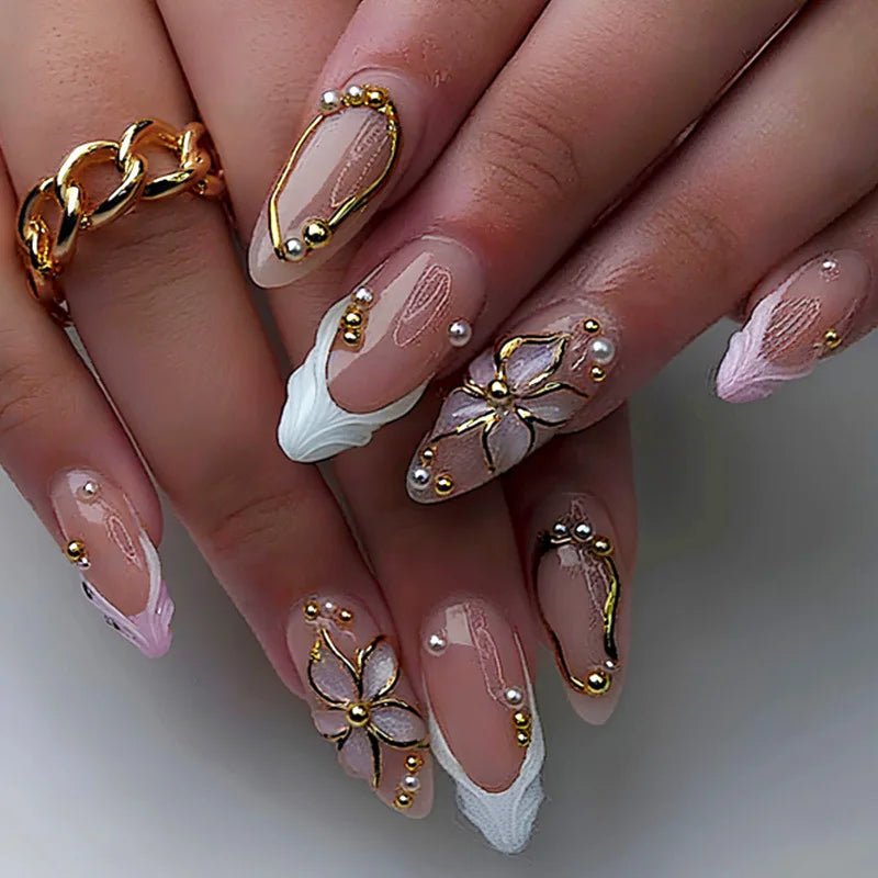 24 pièces mi-long doré amande ongles ensemble presse sur 3D fleur dégradé rose couverture complète faux ongles conseils perle réutilisable faux ongles