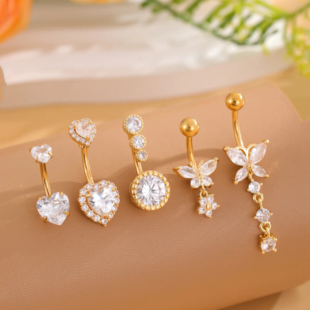 3-5 pièces ensembles de styles mixtes coeur fleur balancent nombril anneaux en acier inoxydable papillon incurvé Zircon ventre Piercing nombril anneau