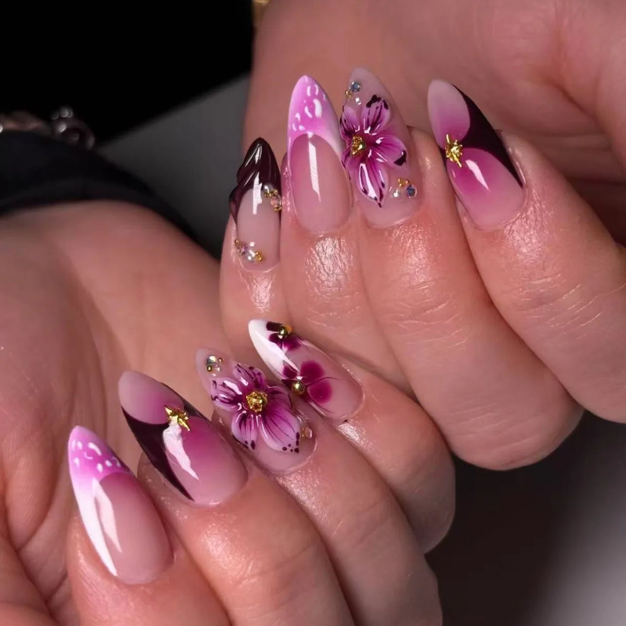 24 pièces mi-long doré amande ongles ensemble presse sur 3D fleur dégradé rose couverture complète faux ongles conseils perle réutilisable faux ongles