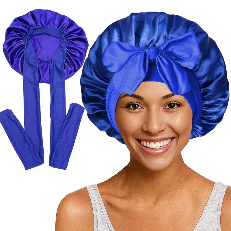 Nouveau bonnet de nuit en satin uni avec bande élastique extensible à nouer pour femmes, bonnet de douche ajustable, bonnet/turban pour couvrir les cheveux.
