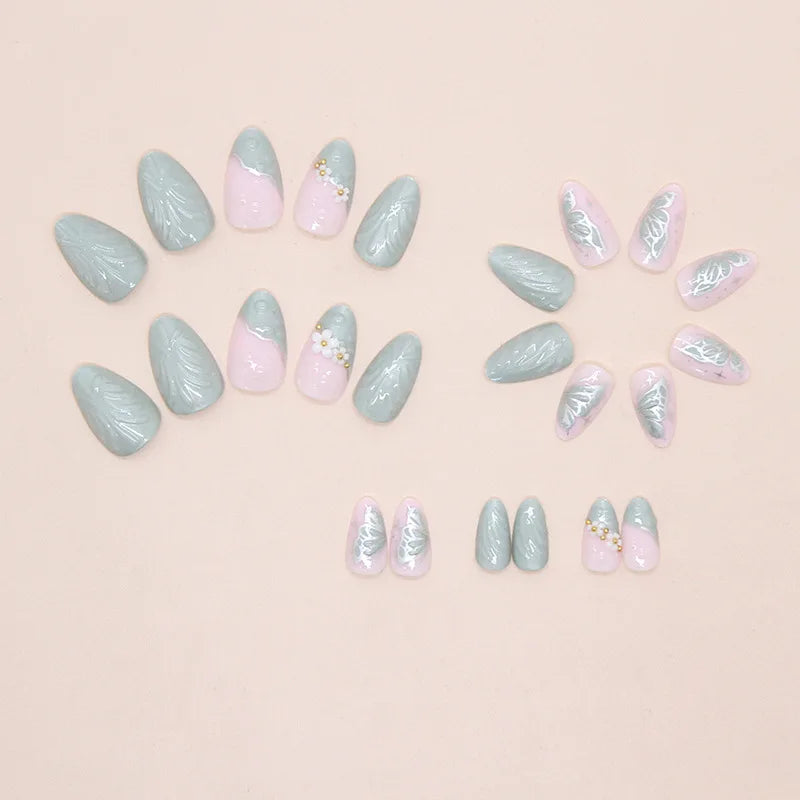 Faux ongles 3D pour femmes et filles, dégradé de fleurs en relief marron bleu avec strass, pointes d'amande d'automne et d'hiver à pression sur les faux ongles