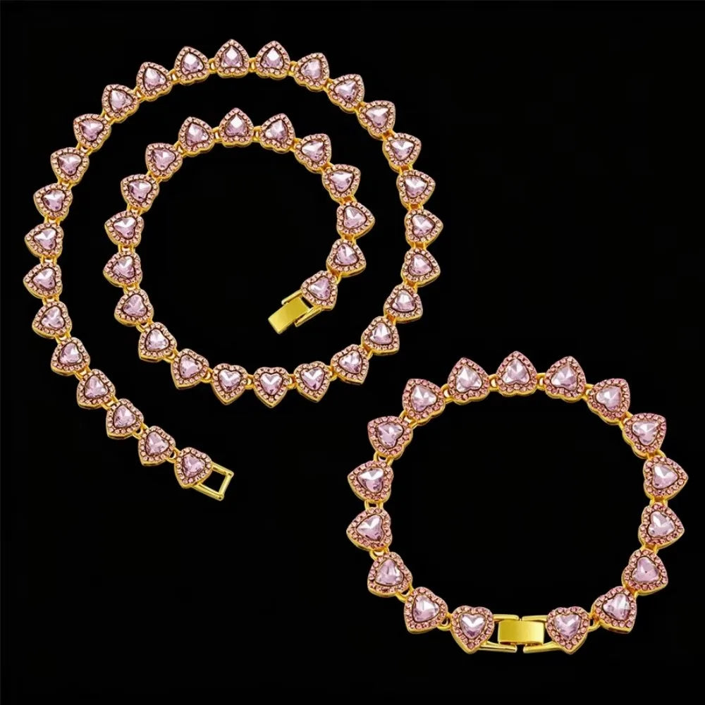 Yupsk 45CM/20CM coeur brillant strass Hip Hop Rock Tennis chaîne Bracelet collier pour femmes hommes à la mode ensemble de bijoux cadeau