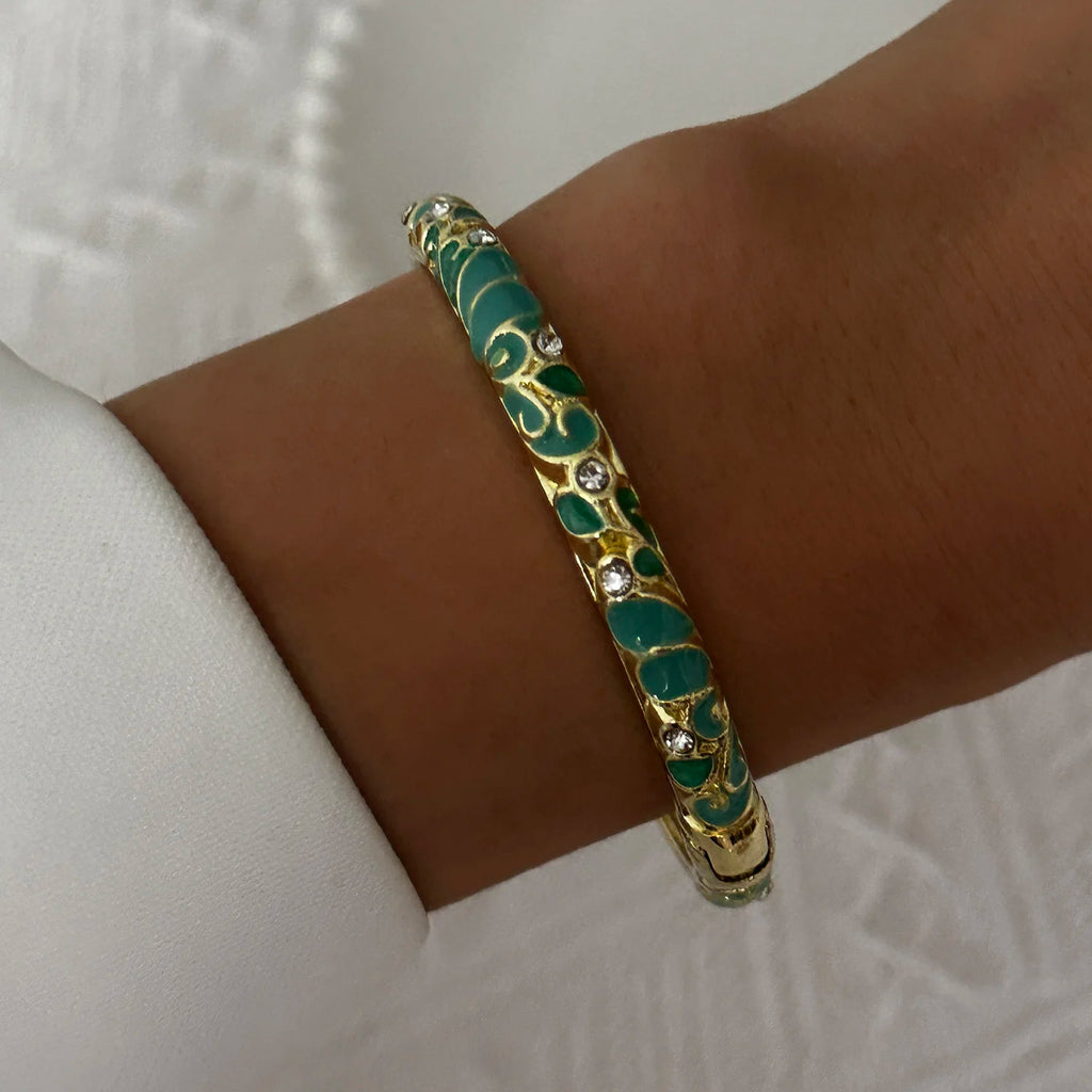 Bracelet élégant en émail goutte d'eau à texture florale pour femme, plaqué or rétro, avec zircon floral et motif œil porte-bonheur, bijou de fête