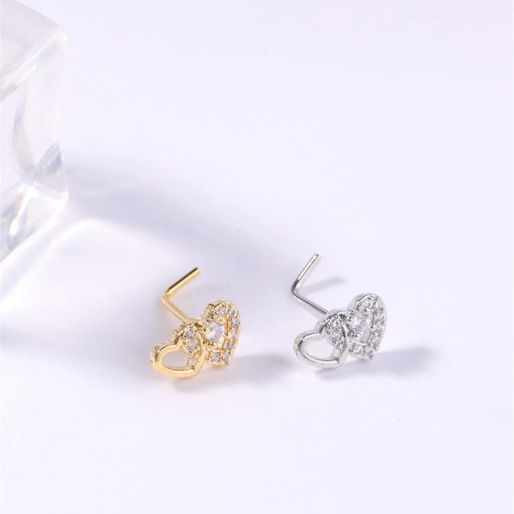 Anneaux de piercing nasal en forme de L 2G, avec cœur mignon et pierre CZ brillante, couleur or et argent, pour femmes et jeunes filles, bijoux de narine