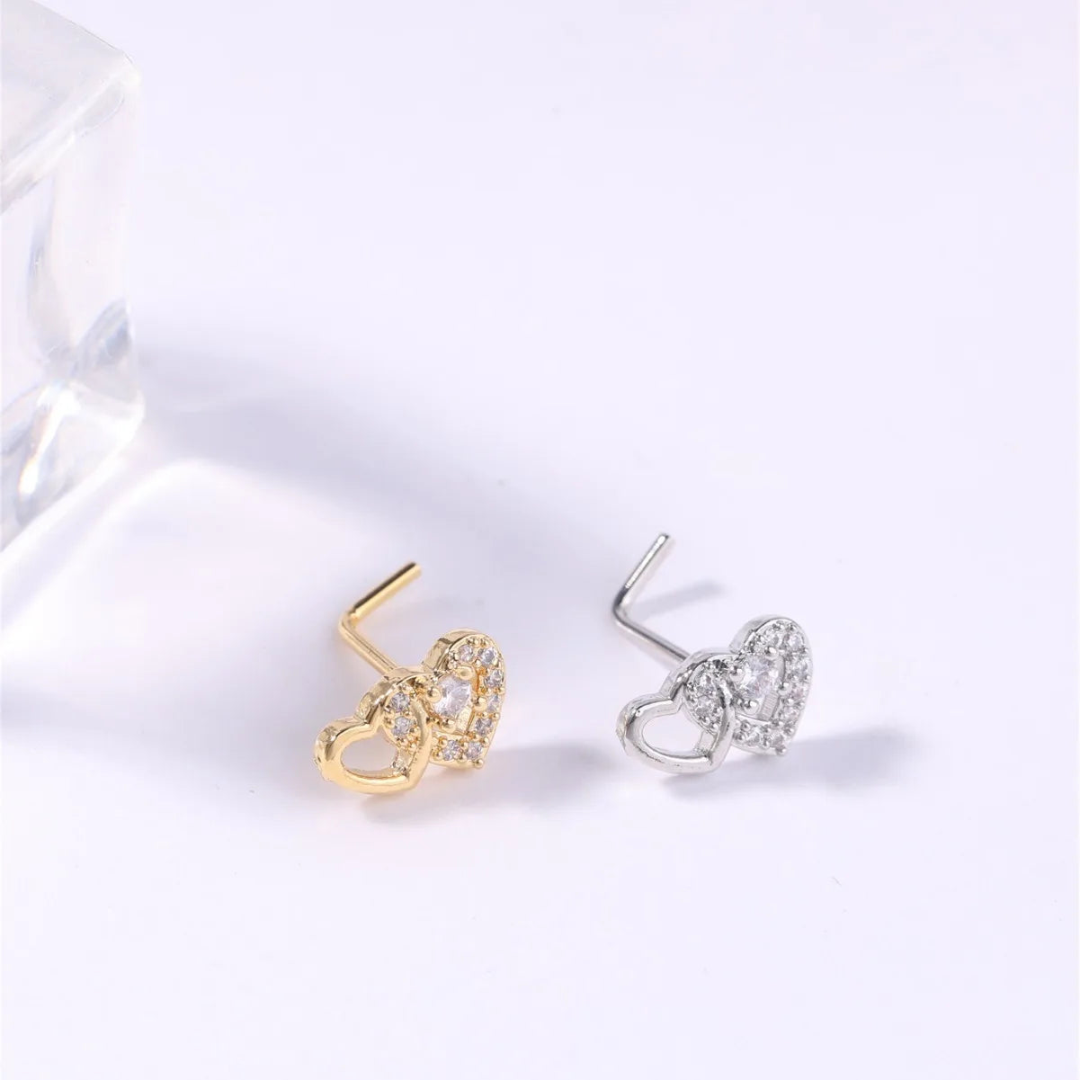 Anneaux de piercing nasal en forme de L 2G, avec cœur mignon et pierre CZ brillante, couleur or et argent, pour femmes et jeunes filles, bijoux de narine