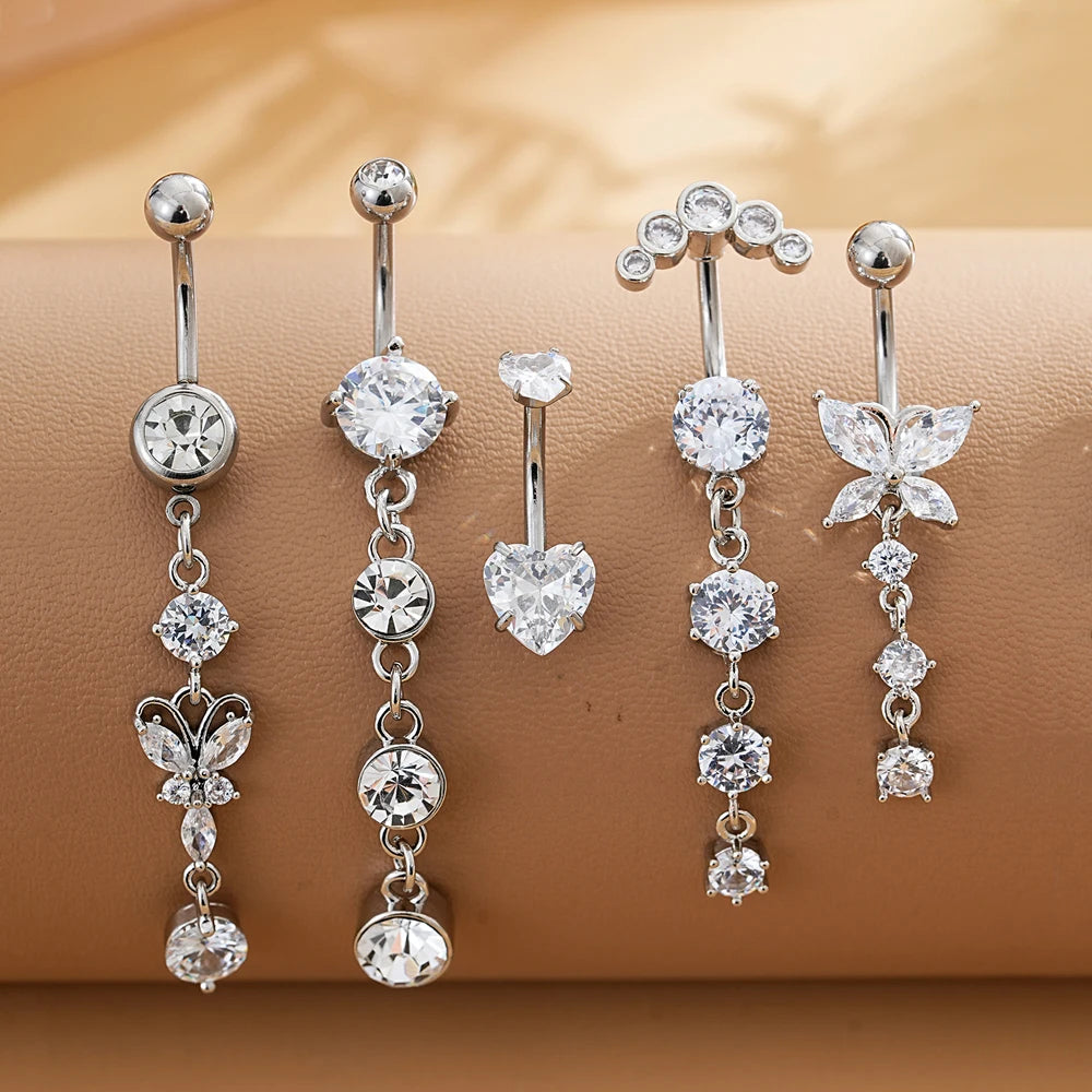 3-5 pièces ensembles de styles mixtes coeur fleur balancent nombril anneaux en acier inoxydable papillon incurvé Zircon ventre Piercing nombril anneau