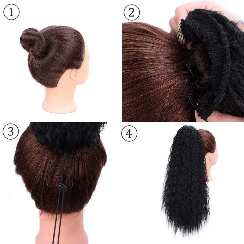 Queue de cheval synthétique longue et bouclée de 22 pouces, extension de cheveux à cordon de serrage, postiche noir à clipser pour femme