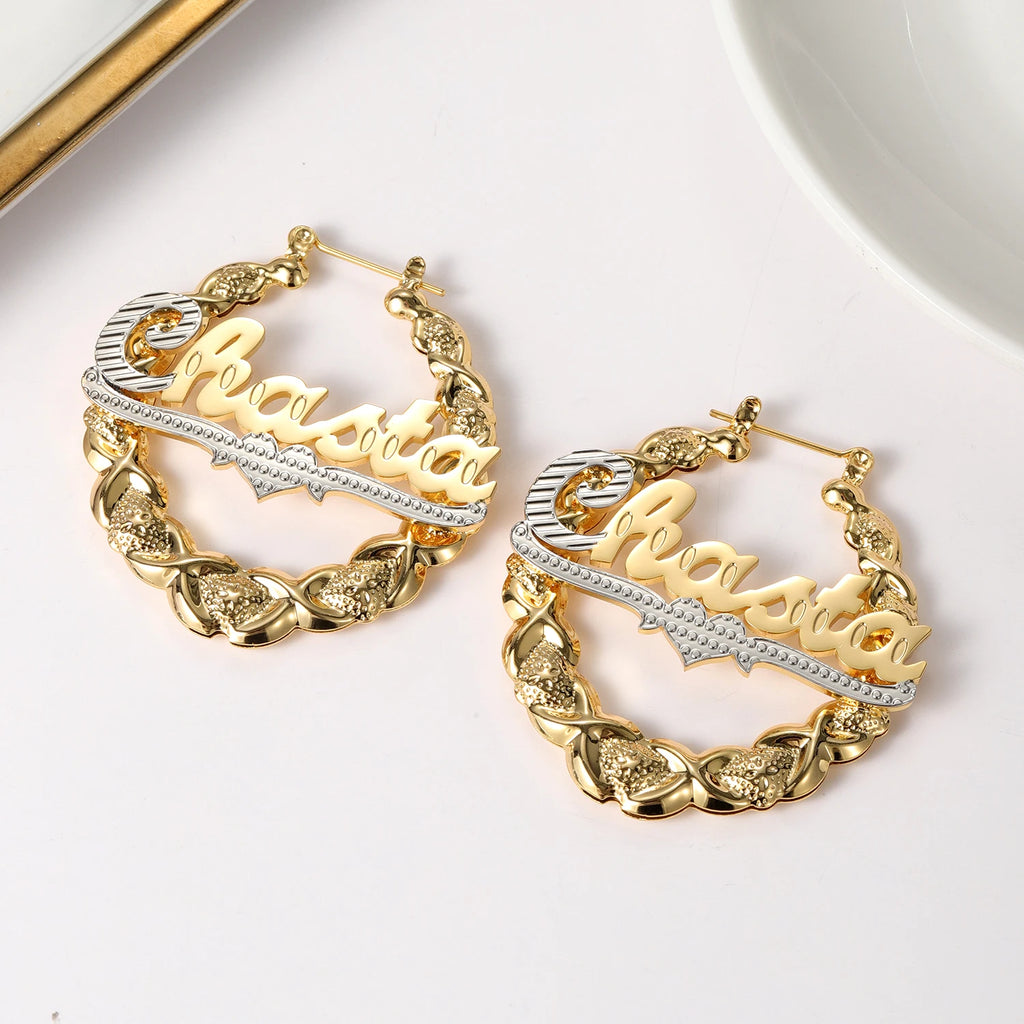 Qitian-Boucles d'Oreilles XOXO Personnalisées avec Nom en Forme de Cœur, en Bambou, Plaque Nominative, Cadeaux pour Femme