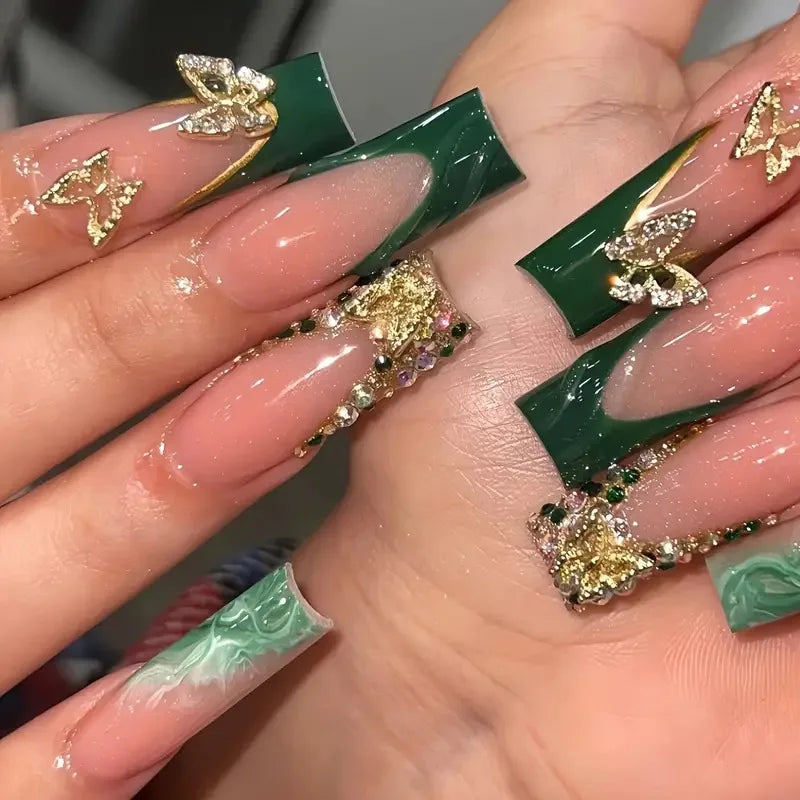 24 faux ongles longs carrés à presser, motif léopard, design cerise 3D, strass, couvrance totale, prêts à poser